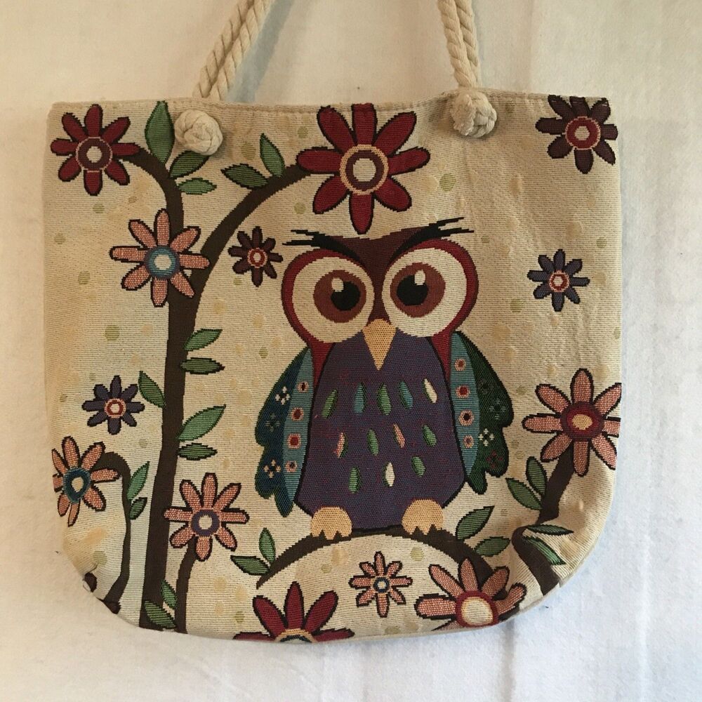 Owl Tapestry Shoulder Tote Bag Twisted Tan Rope Handles Leaves